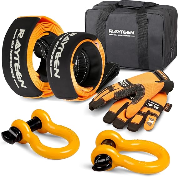 4x4 Off-Road Recovery Kit | Includes 33,000lbs x 20ft Tow Strap, 20,000lbs x 8.2ft Tree Saver, 2PCS 62,800lbs Bow Shackle, Recovery Gloves, Carry Bag | Suits for 4x4 Offroad UTV ATV Trucks