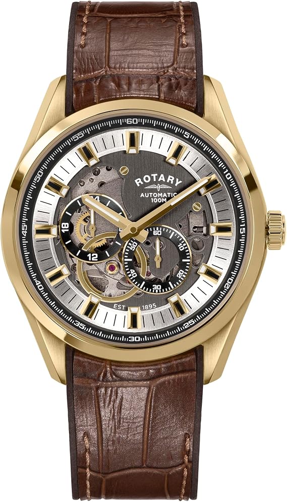Rotary Men's Seamatic Eclipse 100M Water Resistance Gold Plated Stainless Steel Brown Leather Strap Watch