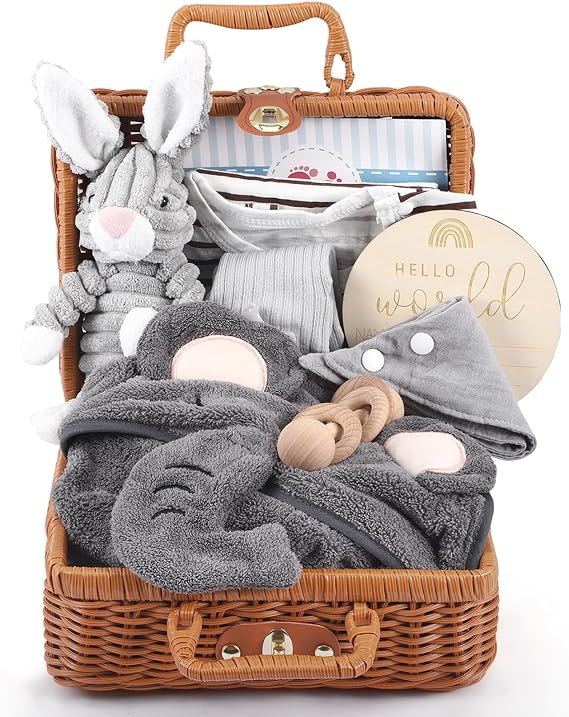 Birth Gifts for Boys and Girls - 9-Piece Personalised Baby Gift Set for Newborns with Comforter Blanket Bib Socks Triangle Scarf and Wooden Rattle