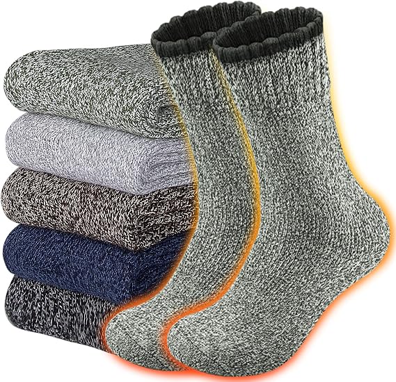 Men's Wool Thermal Socks 5 Pack for Winter - Soft Cozy Crew for Hiking Cold Weather - Thick Boot Socks