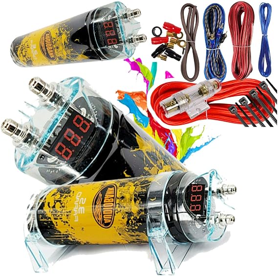 Audiobank 3.5 Farad Capacitor Car Audio 3500 Watts Power 12V Car Digital Power 3 Digit Display and Complete 1500 Watts 8 Gauge Car Amplifier Installation Wiring Kit Red