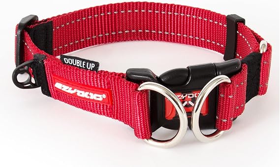 EzyDog Double Up Dog Collar, Strong Double D-Rings - Medium, Red | Dual D-Rings for Superior Strength, Safety, and Comfort, Soft Touch Nylon Webbing, Reflective Stitching, Id Attachement Point