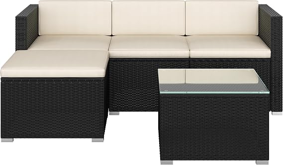 Yaheetech 5-Piece Garden Furniture, Rattan Modular Lounge Sofa, Black/Beige | Outdoor Handwoven PE Rattan Set | With Tempered Glass Table & Water-Resistant Cushions | For Patio, Balcony & Backyard