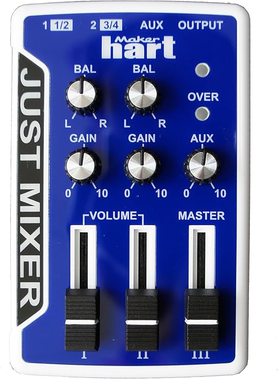 JUST MIXER Audio/DJ Mixer - Battery/USB Powered Portable Pocket Audio Mixer w/ 3 Stereo Channels (3.5mm) Plus On/Off Switch (Blue)