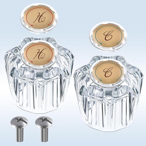 Dreyoo 2 Pack Bathroom Sink Knobs Compatible with Delta/LDR/Delex/Peerless | 4 Index Buttons, Fixes Water Leaks, 1.65in Base x 1.85in Height, Clear Acrylic, Fits D-Shaped Valve Stem