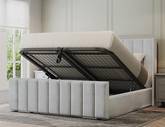 King Size Bed Frame with Storage - Silver Velvet Ottoman Bed King Size - Panel Storage Bed Mattress Not Included - 48inch High Headboard