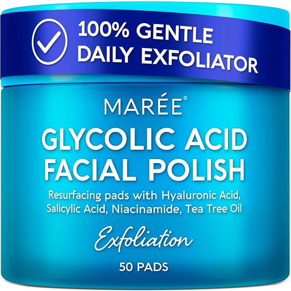 MAREE Glycolic Acid Pads - Toner Pads for Face Cleansing - Exfoliating Pad with Tea Tree Oil, Salicylic Acid & Vitamins E, B3, B5 - Facial Polishes & Peels, Skin Pore Resurfacing & Radiance - 50 Count