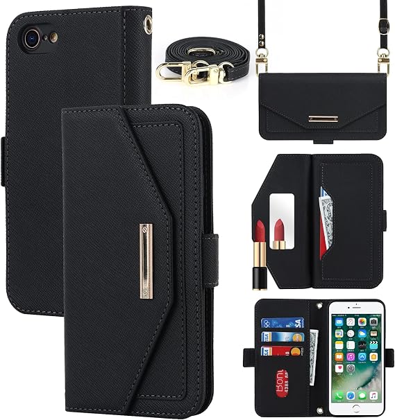 Crossbody Wallet for iPhone SE 3rd/2nd/8/7 Case with Strap,4.7",Black