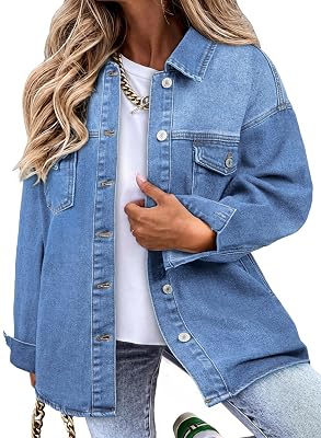 Sidefeel Womens Jean Jacket Casual Long Sleeve Button Down Oversized Denim Jacket Trendy Fall Outfits