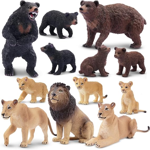 Toymany 12PCS Realistic Jungle Animals Figures Family Set Includes Bear Figurines and Lion Figurines with Their Cubs,Education Birthday Gift Christmas Toy for KidsToddler