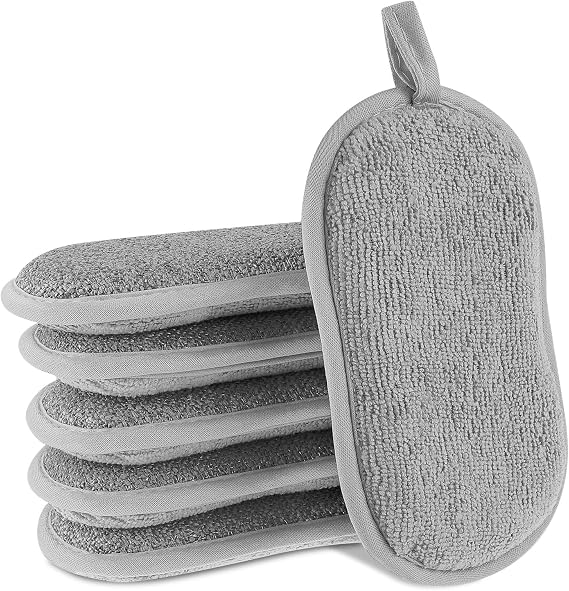 6 Pack Dual-Sided Sponges Kitchen, Non Scratch Microfiber Dish Sponge All Purpose Dish Washing Scrubber for Cleaning Non-Stick Cookware Dishes Kitchen Pots Pans Sink Household(Grey)