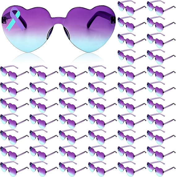 Relaxweex 50 Pairs Purple Teal Heart Shaped Sunglasses Bulk Gradient Ribbon Glasses for Women Suicide Prevention Mental Health Awareness Gift Festival Party Favor Photo Booth Events Charity Supplies