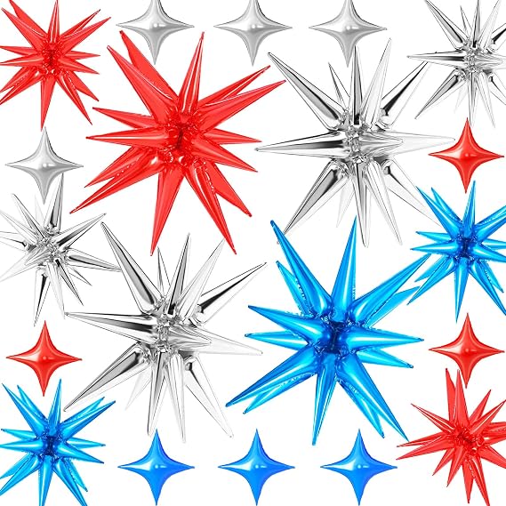 20 Pcs Star Balloons 27"22" Explosion Star Foil Balloons Silver Red Blue | Star Balloon Spike Balloons and Four Pointed Star Balloons for Party Supplies Christmas Birthday Wedding Photo Booth