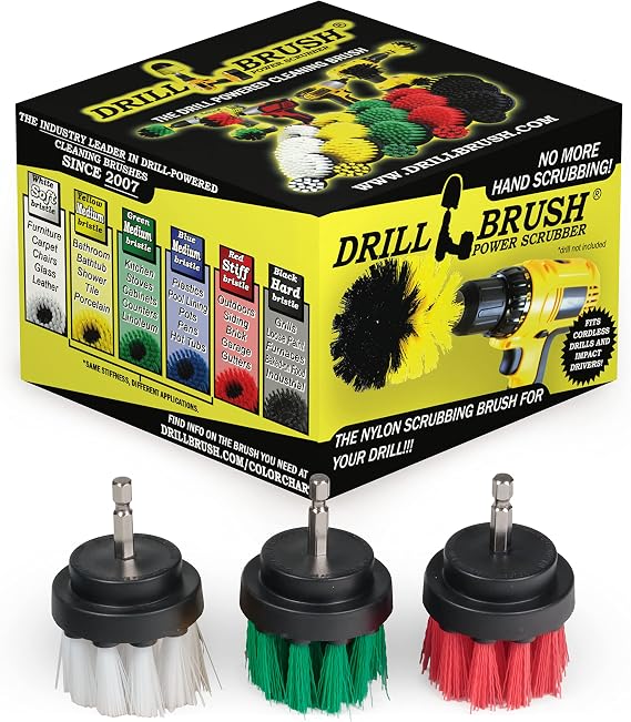Drill Brush Power Scrubber by Useful Products - 2-Inch Round Cleaning Brushes, Set of 3, Green, Red, White