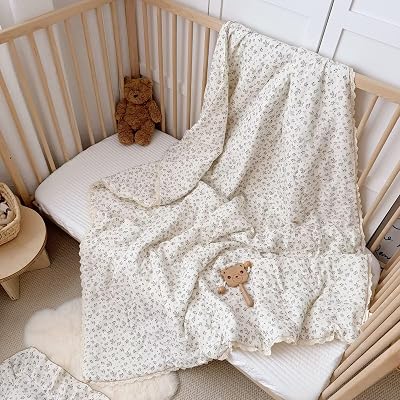 BuLuTu Muslin Cotton Girls Boys Kids Quilted Blanket, Chic Shabby Plumbago Floral Print ToddlerTwin Bed Blankets with Lace Edges, Soft Lightweight Children Comforter, 60x78 Inches, No Pillow Cases