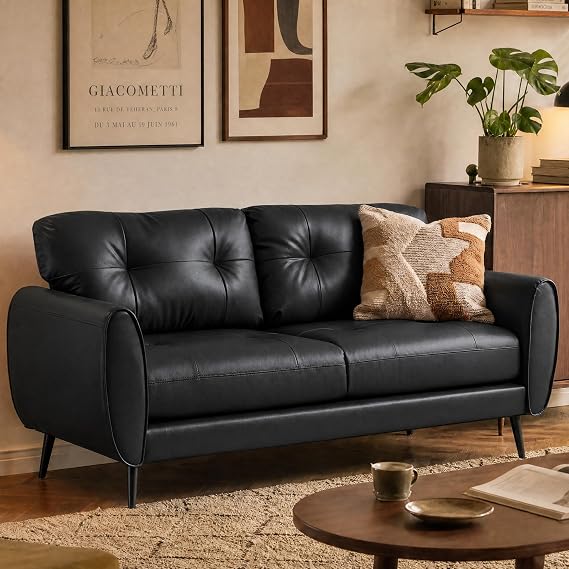 61'' Black Faux Leather Loveseat, Small Tufted Couch for Living Room