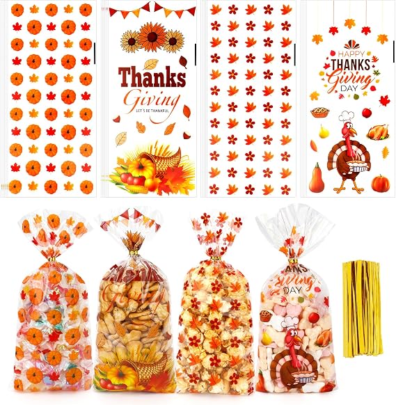 STPIYFZU Thanksgiving Treat Bags, Fall Cellophane Treat Bags, Pumpkin Maple Leaf turkeys Candy Goodie Treats Bag with Twist Tie for Thanksgiving Fall Autumn Theme Party Favor Bag (50 Pcs 4 Styles)