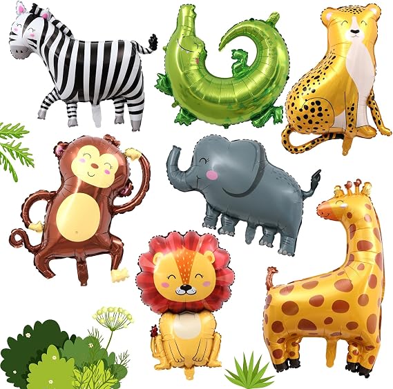 Pack of 7 Jungle Animal Balloons 3D Jumbo Leopard Lion Monkey Zebra Giraffe Helium Balloon Set Foil Balloon Forest Animals for Children Boys Girls Jungle Birthday Jungle Safari Animals Baby Shower