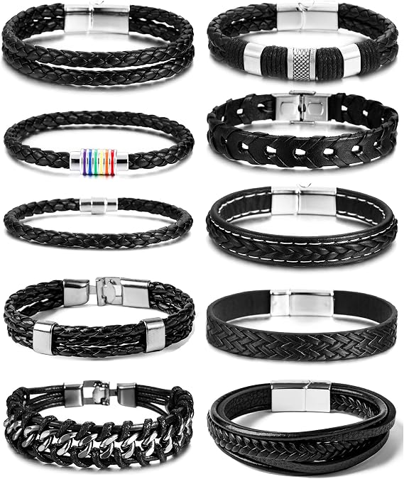BOMAIL 10Pcs Braided Leather Cuff Bracelets for Men