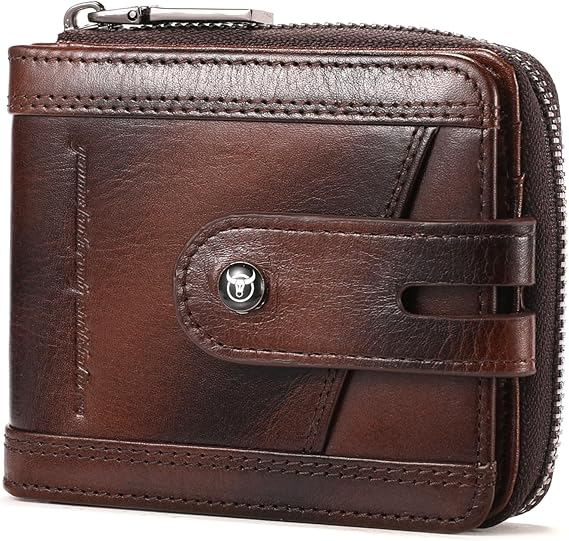 BULLCAPTAIN Genuine Leather Men's Wallet with Zipper T23 (Coffee) | Vintage, RFID Blocking, Large Capacity, 14 Credit Card Slots, 1 ID Window,2 Cash Compartments,Zipper Coin Pocket,Gift Choice