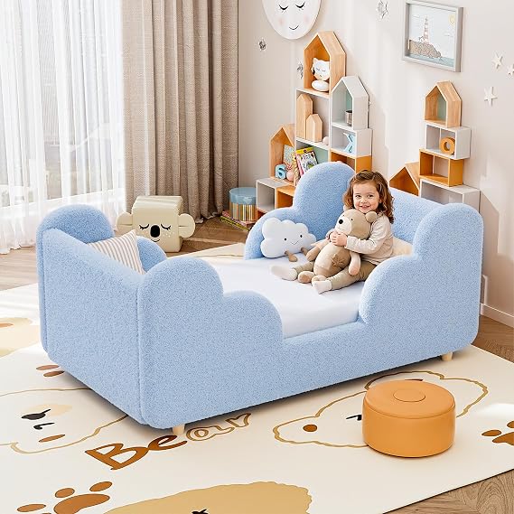 Toddler Bed, Toddler Floor Bed Upholstered, Crib Toddler Bed Frame,Blue