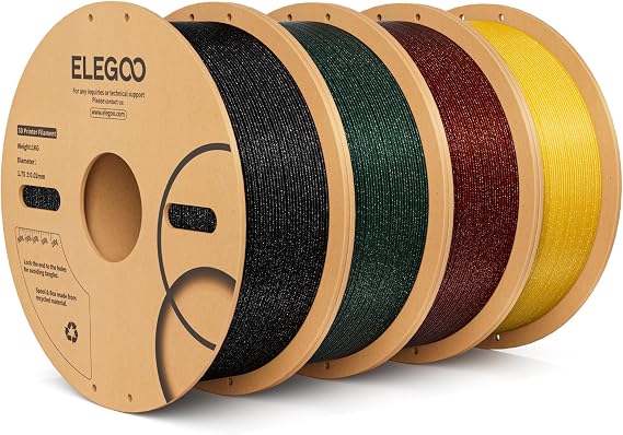 ELEGOO Sparkle PLA Filament 1.75mm Bundle 4KG, Glitter Twinkling 3D Printer Filament Dimensional Accuracy +/- 0.02mm, 4pcs 1kg Spool(2.2lbs) Sparkle Black, Red, Green, Gold
