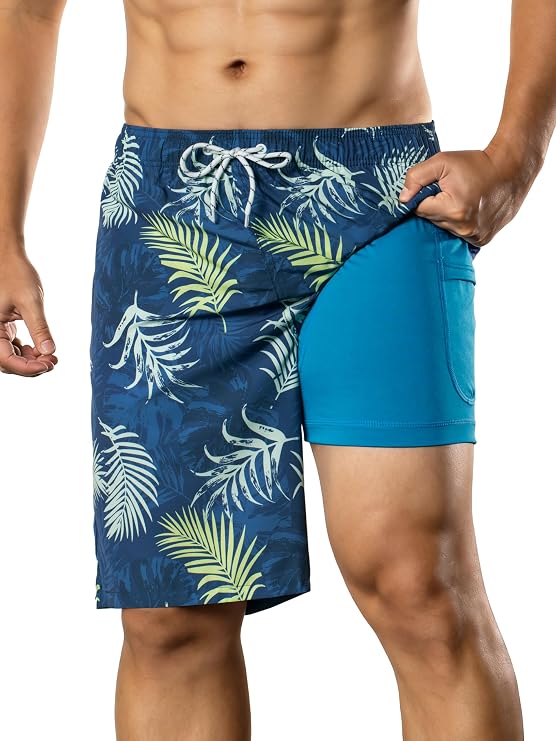 BRISIRA Mens Swim Trunks Bathing Suit 9 Inch Inseam with Compression Liner | Cargo Pocket,Drawstring,Elastic Wasitband,Long Board Shorts,Swim Short,Anti-chafe,Quick Dry,Phone Pocket,Beach,Vacation