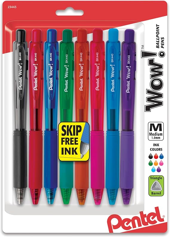 Pentel Wow! Retractable Ballpoint Pens, (1.0mm), Medium Line, Assorted Ink Colors, Pack of 8 (BK440BP8M)
