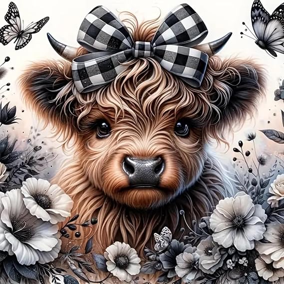 KTHOFCY 5D DIY Diamond Painting Kits for Adults, Highland Cow Flower Full Drill Embroidery Cross Stitch Crystal Rhinestone Paintings Pictures Arts Wall Decor Painting Dots Kits 11.8X11.8 inch