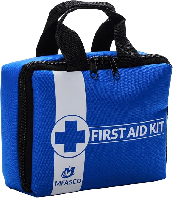MFASCO First Aid Kit, 158 Piece, Blue Nylon Case with Carry Handles | Compact First AId Kit for Home, Auto, Sports, Travel, Camping, Hiking, Backpacking - Lightweight 1.2 lbs, 8 x 6.5 x 3 Inches