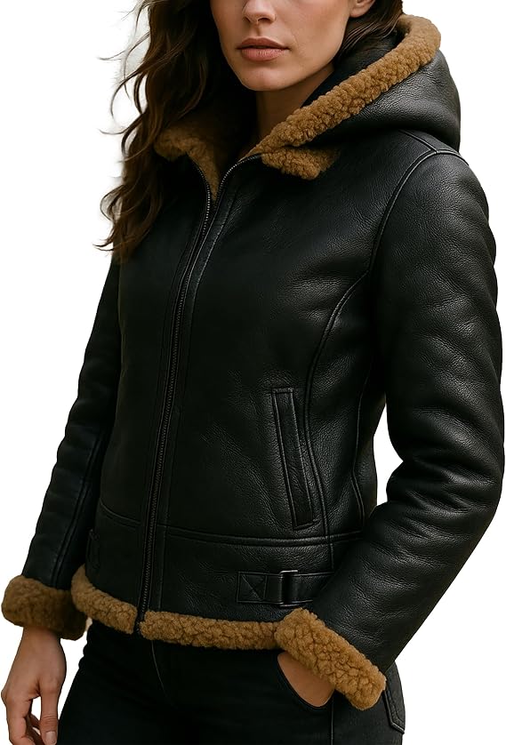 Women's Shearling Jacket - B3 Hooded Leather Brown Shearling Sheepskin Bomber Jacket