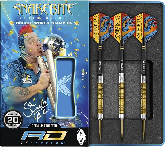 RED DRAGON Peter Wright Snakebite DWC Special Edition Gold Plus 20g with Flights and Stems (shafts)