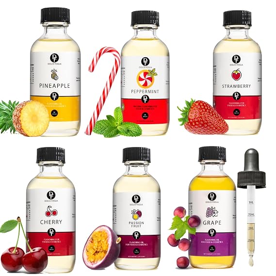 Dolce Flav Lip Gloss Flavoring Oil Bundle Pack - 6x2 Oz. Multipurpose Flavoring Oil for Candy Making, Extracts and Flavorings for Baking, Lip Balm, Ice Cream, Ultra Concentrated Ingredients