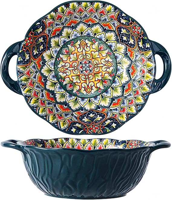 2 Pack Boho Ceramic Serving Bowls with Handles, 40 Oz Porcelain Salad Bowls, Large Serving Dishes for Entertaining, Mixing Bowls for Soup, Stew, Pasta, Cereal, Colorful Embossed Cute Bowls Set BLDS
