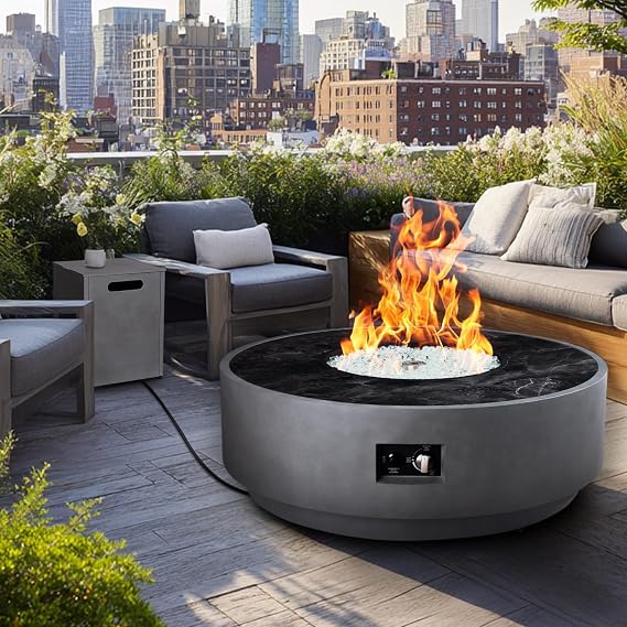 42 Inch Fire Pit Table, Outdoor Propane Fire Pit Table 2 in 1 65,000 BTU Round Gas Firepit, w/Lid, Glass Rocks, for Garden, Patio, Grey