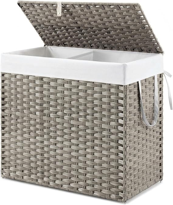 NEWBULIG Laundry Hamper with Lid, 29 Gallon (110L) Wicker Clothes Basket, Double Woven Clothes Basket Organizer for Bedroom, Bathroom & Laundry Room, Grey