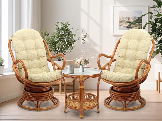 Java Swivel Rocking Chair Natural Rattan Wicker Handmade Set: 2 Lounge Arm Chairs with Cream Cushions and Coffee Table, Colonial Color