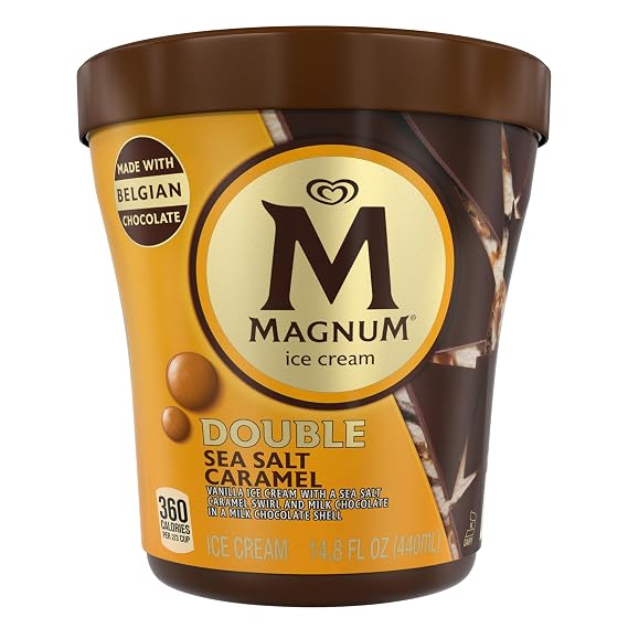 Magnum Ice Cream Tub For an Indulgent Frozen Treat Double Sea Salt Caramel Made with Belgian Chocolate, 44% Cacao 14.8 oz
