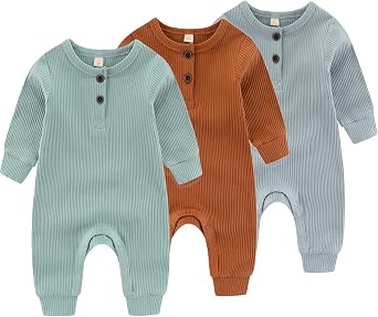 Newborn Baby Boys Girls One Piece Romper With Mitten Cuffs 3 Pack Long Sleeve Ribbed Button Jumpsuit Outfit Clothes