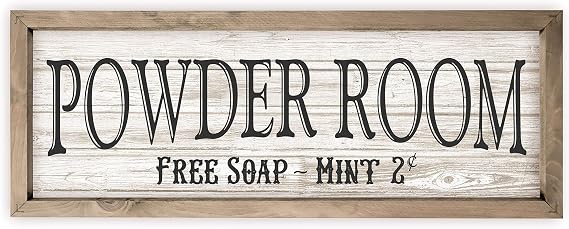 Powder Room Rustic Wood Wall Sign 6x18 (White with Frame)