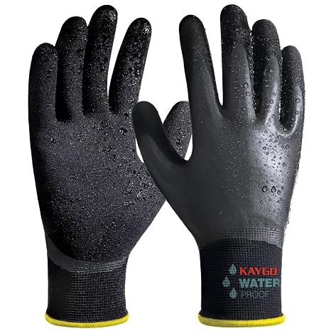 KAYGO Waterproof Work Gloves for Men and Women, Double Latex Coated, KG150 | Non-Slip Super Grip, Ideal for Gardening Car Washing Fish Cleaning (Black, L, 1 Pair)