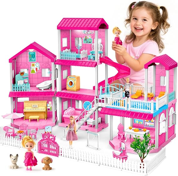Toylink Pink Doll House for Girls, 3-Story Villa Playset with Light, 3 Dolls, Pool & Slide, Dollhouse Furniture and Accessories, Pretend Play Toys Birthday Gifts for 3 4 5 6 7 8