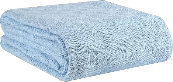 GLAMBURG 100% Cotton Bed Blanket, Breathable, Cotton Thermal Blankets, King Size - Perfect for Layering Any Bed for All Season - Sky Blue