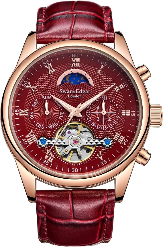 SWAN AND EDGAR Complexity - Automatic Watch for Mens | Moon Face & Open Heart Skeleton Dial | Stainless Steel Case, Sapphire Crystal, Genuine Leather Strap, 30M Water Resistant,
