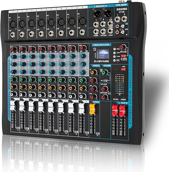 8 Channel Audio Mixer Sound Board Mixer 16 DSP Effect Audio Interfacer w/USB Drive for Computer Recording, 48V Power, XLR Microphone Jack DJ Mixer for Karaoke Studio Streaming Recording