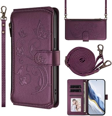 Wallet Case for VIVO V29 5G  V29 Pro, Shockproof PU Leather Phone Cover with Card Slots Detachable Lanyard Kickstand, Girl Women Flower Floral Flip Wallet Case-Darkpurple