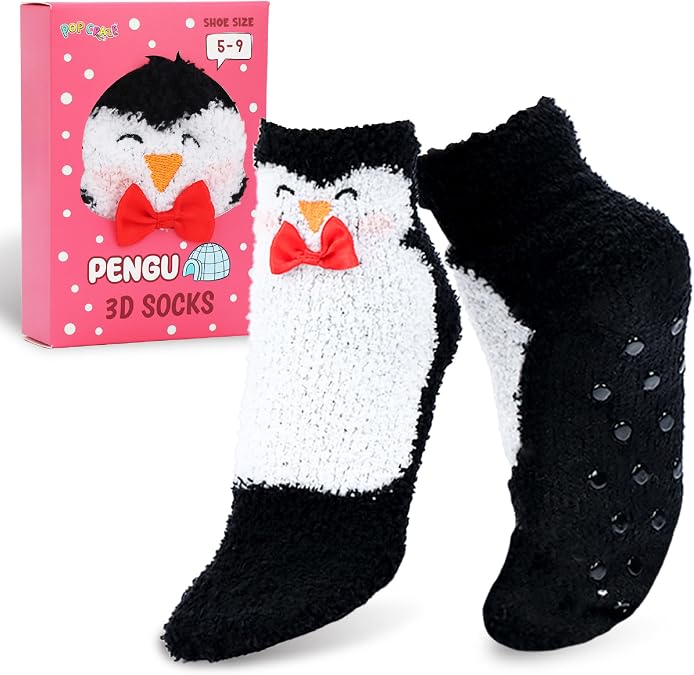 POPCRAZE Novelty Fuzzy Animal Socks Plush Cozy Crew Slipper | Soft plush slipper-style foot warmers with cute character designs, sized to fit most teens and adults