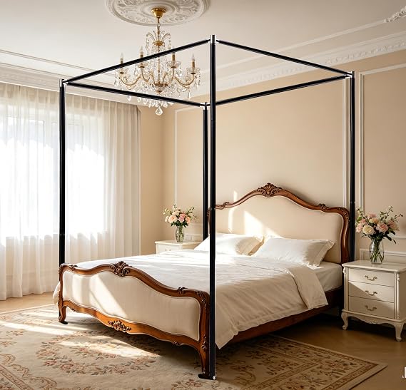 Stainless Steel Canopy Bed Frame Queen Size, Thicken Queen Canopy Frame for Metal Bed Wood Bed Bedroom Decor, Black