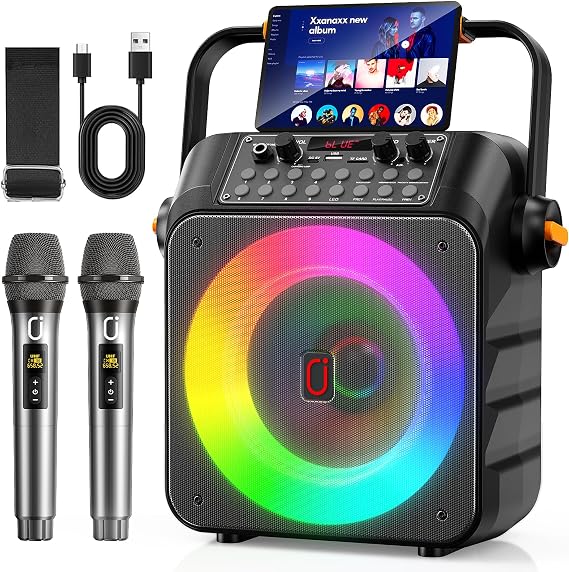 HWWR Karaoke Machine for Adults, Portable Bluetooth Karaoke Speaker with 2 Wireless Microphones, PA System with 6.5" Subwoofer, Echo Adjustment, Support REC/TF Card/USB/AUX for Home Party