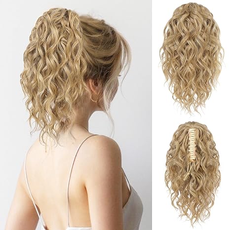 FLUFYMOOZ Ponytail Extension 31 cm Short Claw Ponytail Hair Extension Wavy Curly Ponytail with Chin Clip Synthetic Wigs for Women Golden Blonde with Highlights